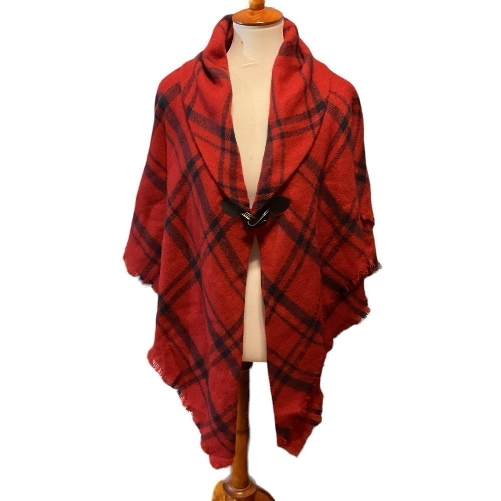 Modena Red Plaid Single Clasp Poncho Shoulder Wrap
